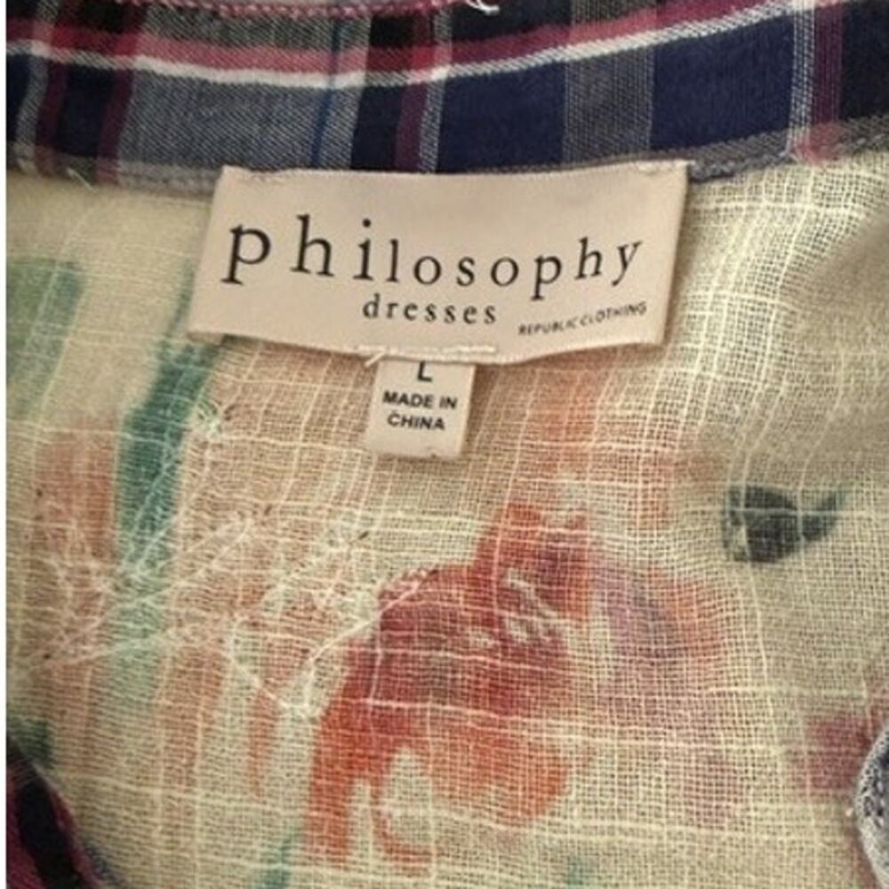 Philosophy Shirt Dress Womens L Plaid Floral Mixed Print Button Front Boho Midi - Picture 7 of 11
